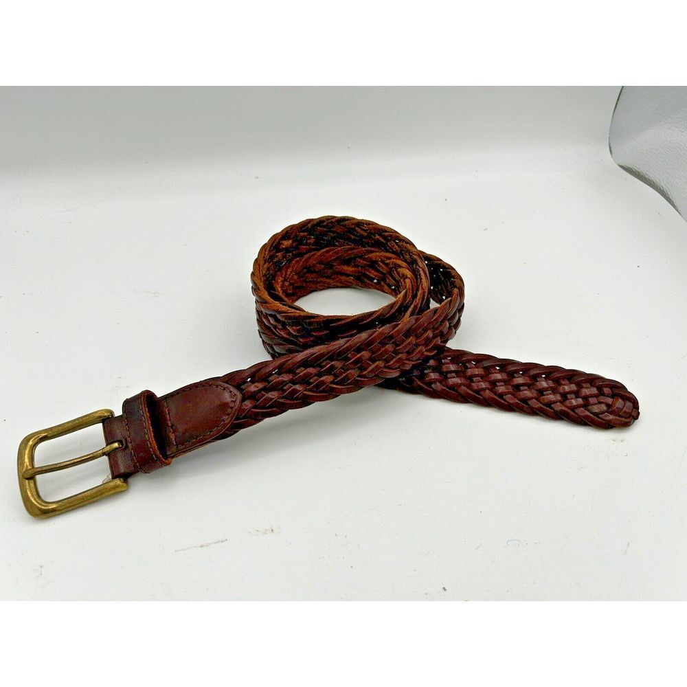 Vintage Eddie Bauer Woven Brown Leather Belt‎ Solid Brass Buckle 46